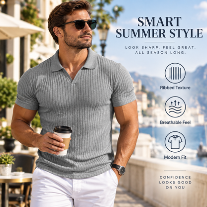 Ribbed V-Neck Polo Shirt