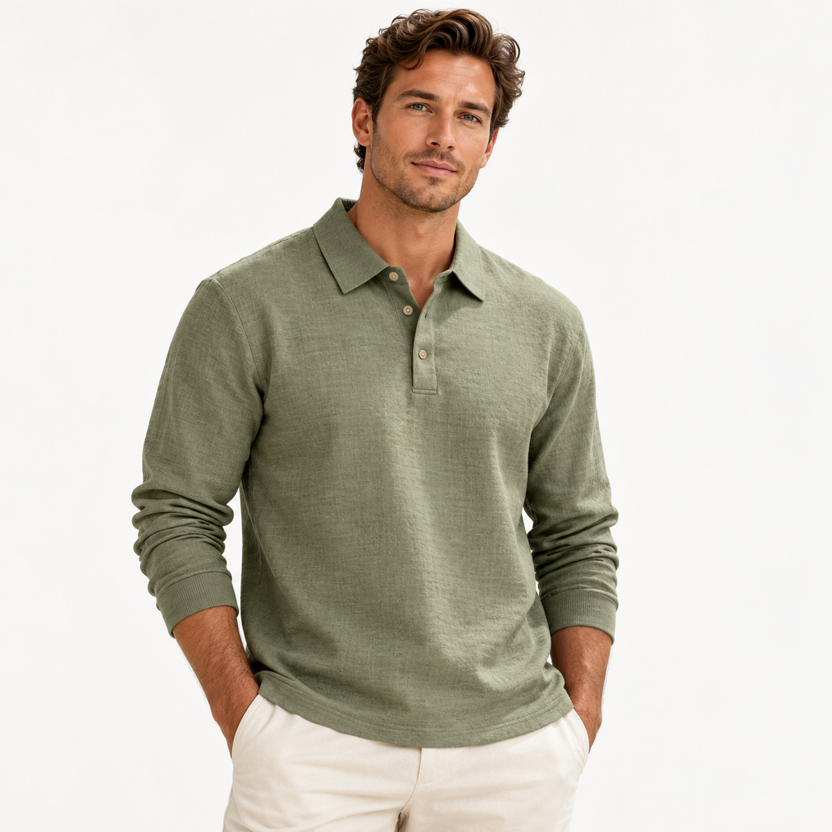 Long-Sleeve Linen Polo Shirt