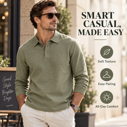 Long-Sleeve Linen Polo Shirt