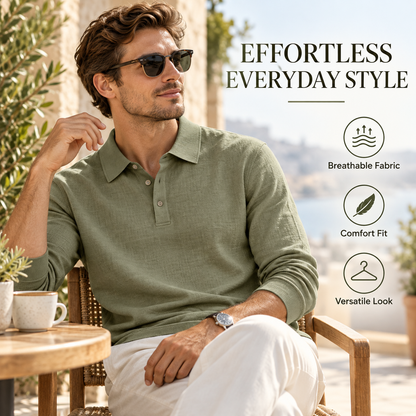 Long-Sleeve Linen Polo Shirt